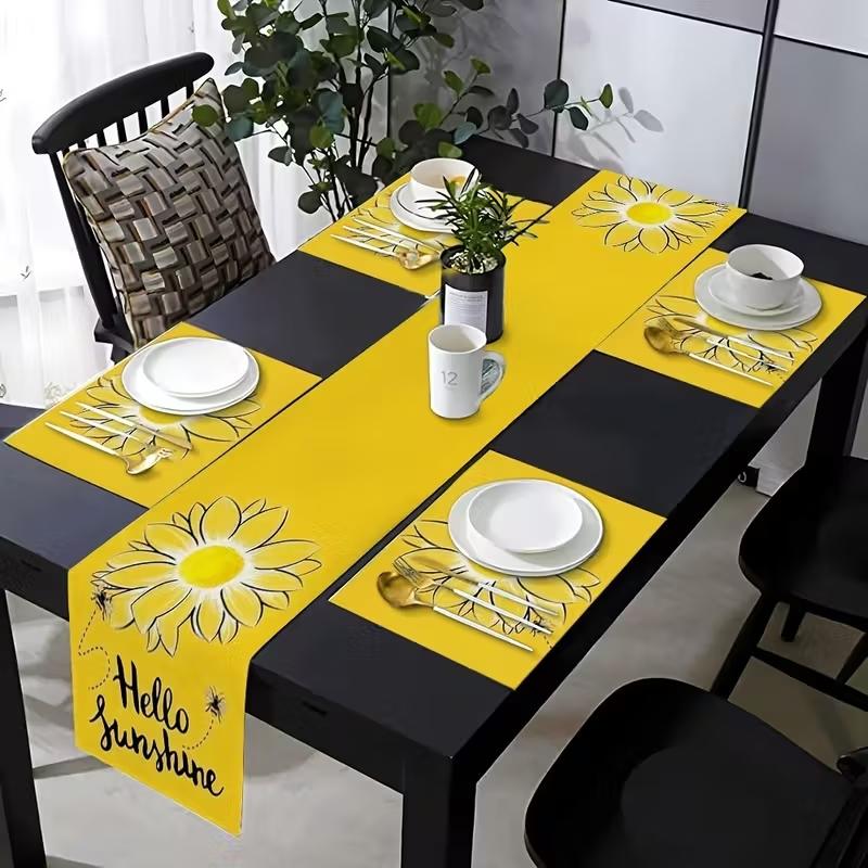 5/7-piece table flag+placemat combination Set, Decorative summer sunflower pattern design, Home Decor, suitable for kitchen, dining room, living room and indoor/outdoor wedding decoration