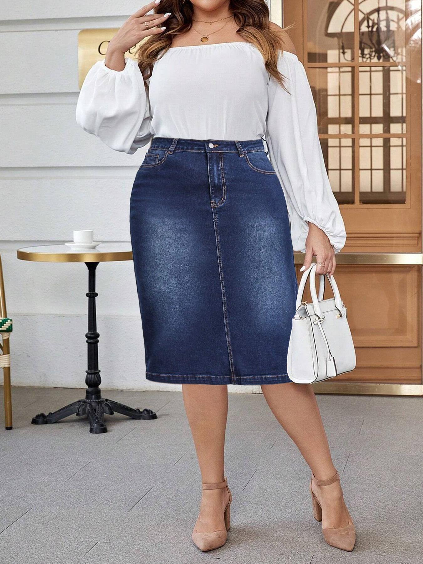 【Plus Size】 Denim Skirt, Casual Comfy Stretchy Jean Skirt for Daily Wear, Women's Bottoms for All Seasons