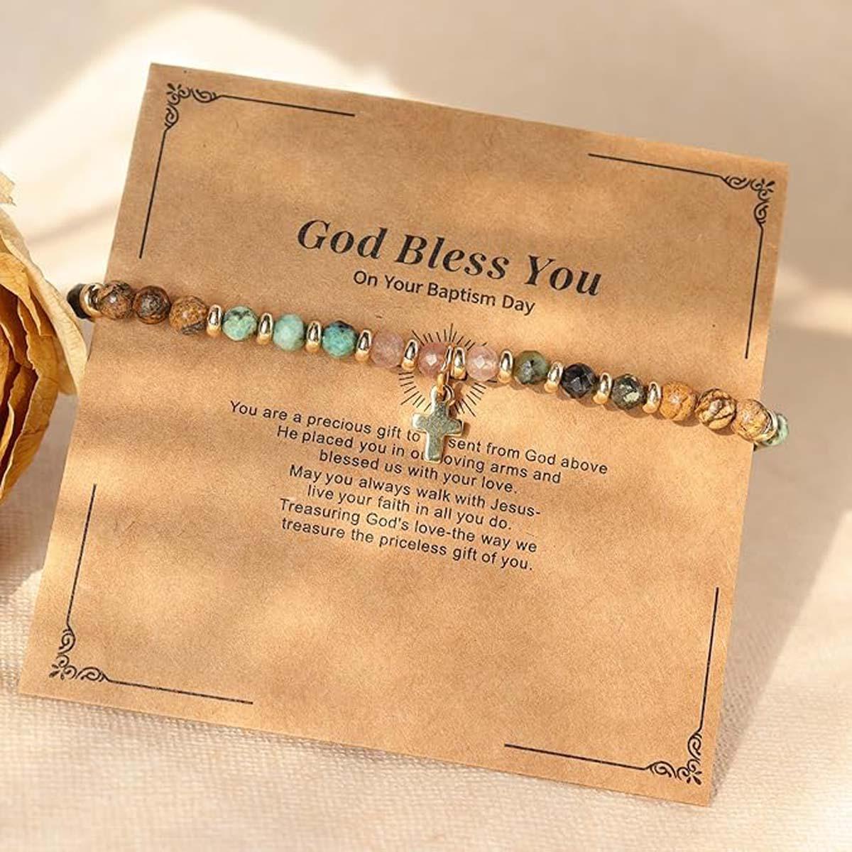 Bohemian natural stone cross bracelet, suitable for women, Christian faith jewelry, Christian religious cross natural stone bead bracelet with adjustable cord wrap, a meaningful gift for her.