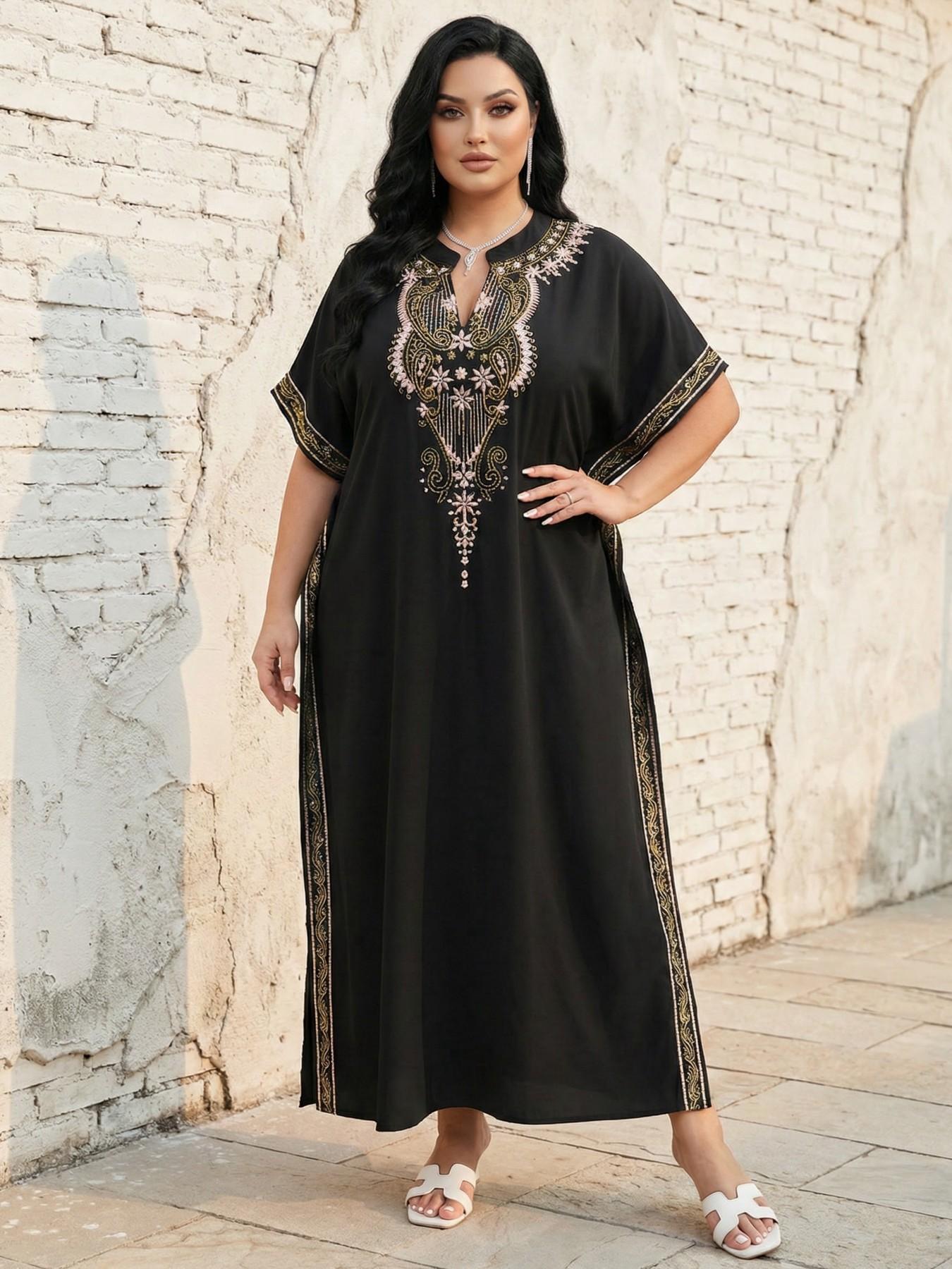 2026Plus Size Ethnic Pattern Embroidered Split Kaftan Dress, Boho Notched Neck Batwing Sleeve Long Dress, Summer Clothing, Women'S Summer Clothes, Modest Clothing Caftan Robe, Muslim Women Gowns, Modesty Muslim Clothing..