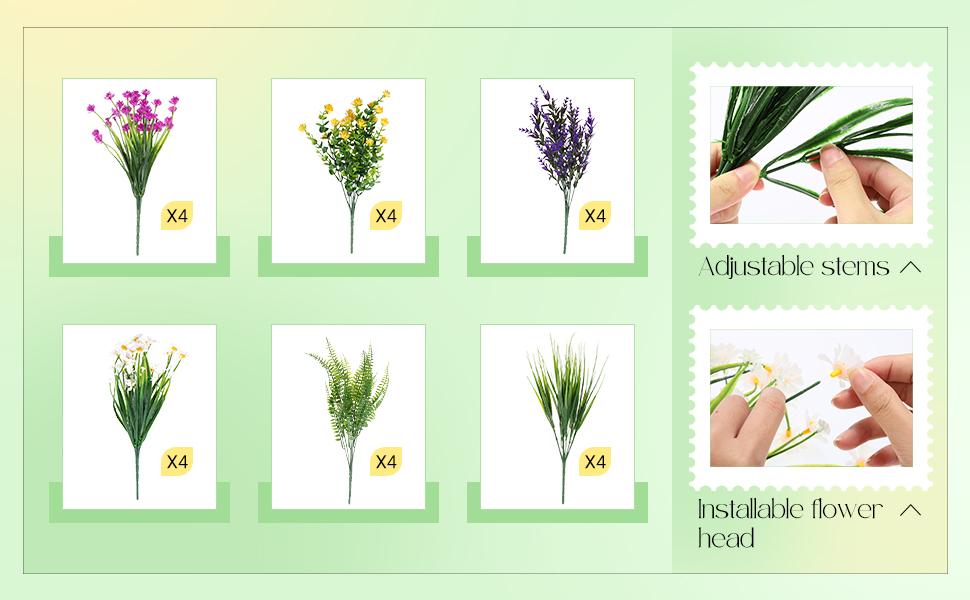 24 Pcs Artificial Flowers for Outdoors, UV Resistant Fake Plants, Plastic Faux Flowers for Indoor Outdoor Decor, Wedding