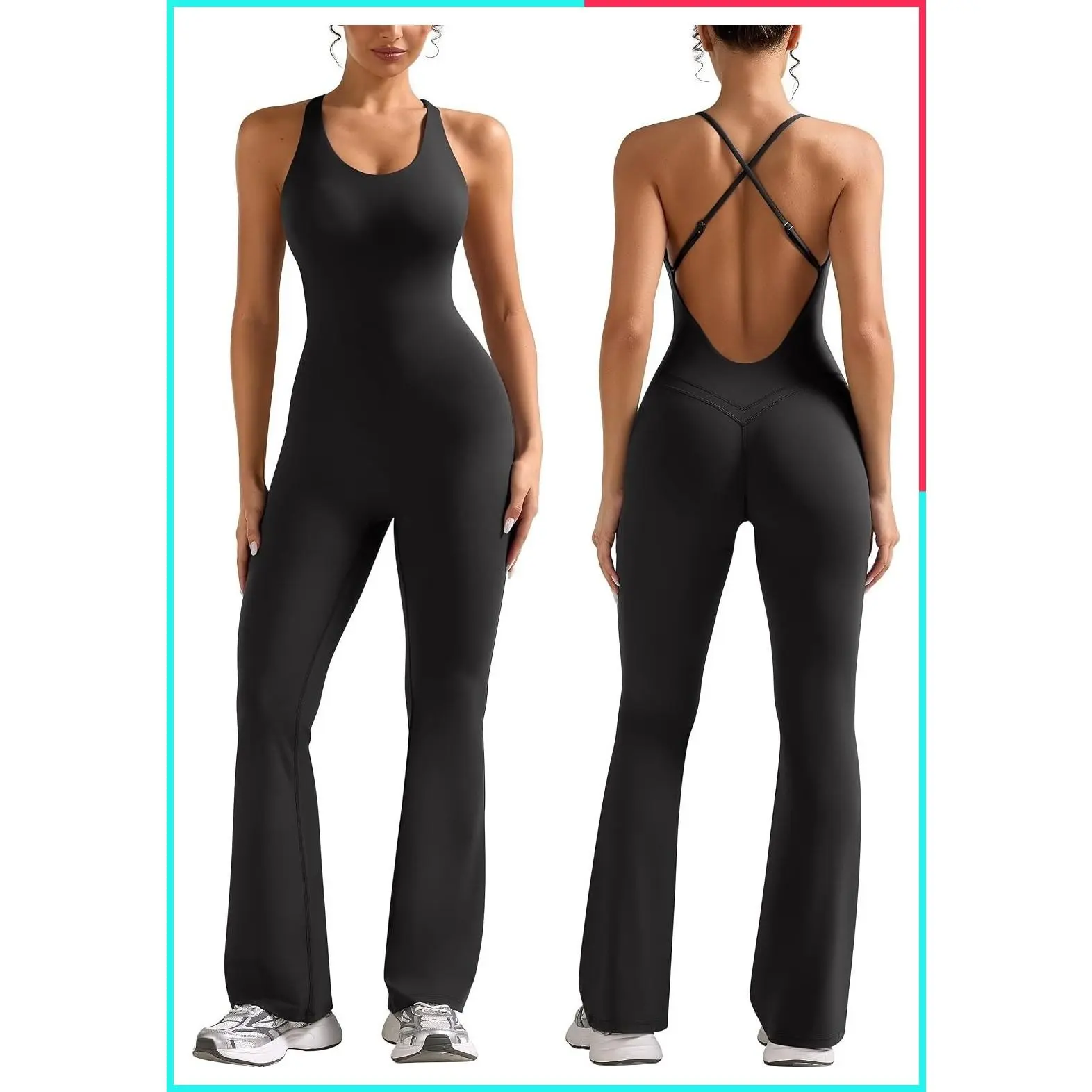 Women's Flare Backless Workout Jumpsuit One-Piece Yoga Pilates Romper Bodycon Unitard with Scoop Neck, Adjustable Cross Straps, Tummy Control, Padded, Stretchy