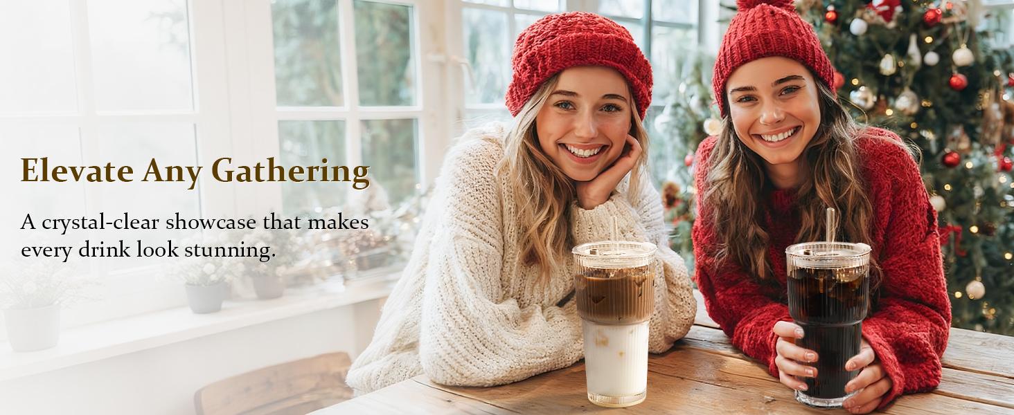Iced Coffee Cups with Lids: Coffee Bar Accessories - Ribbed Glass Tumbler with Straw and Lid 4Pcs - 20oz Leak Proof Tumbler - Reusable Glass Cups and Tumblers with Lid and Straws for To Go Iced Coffee