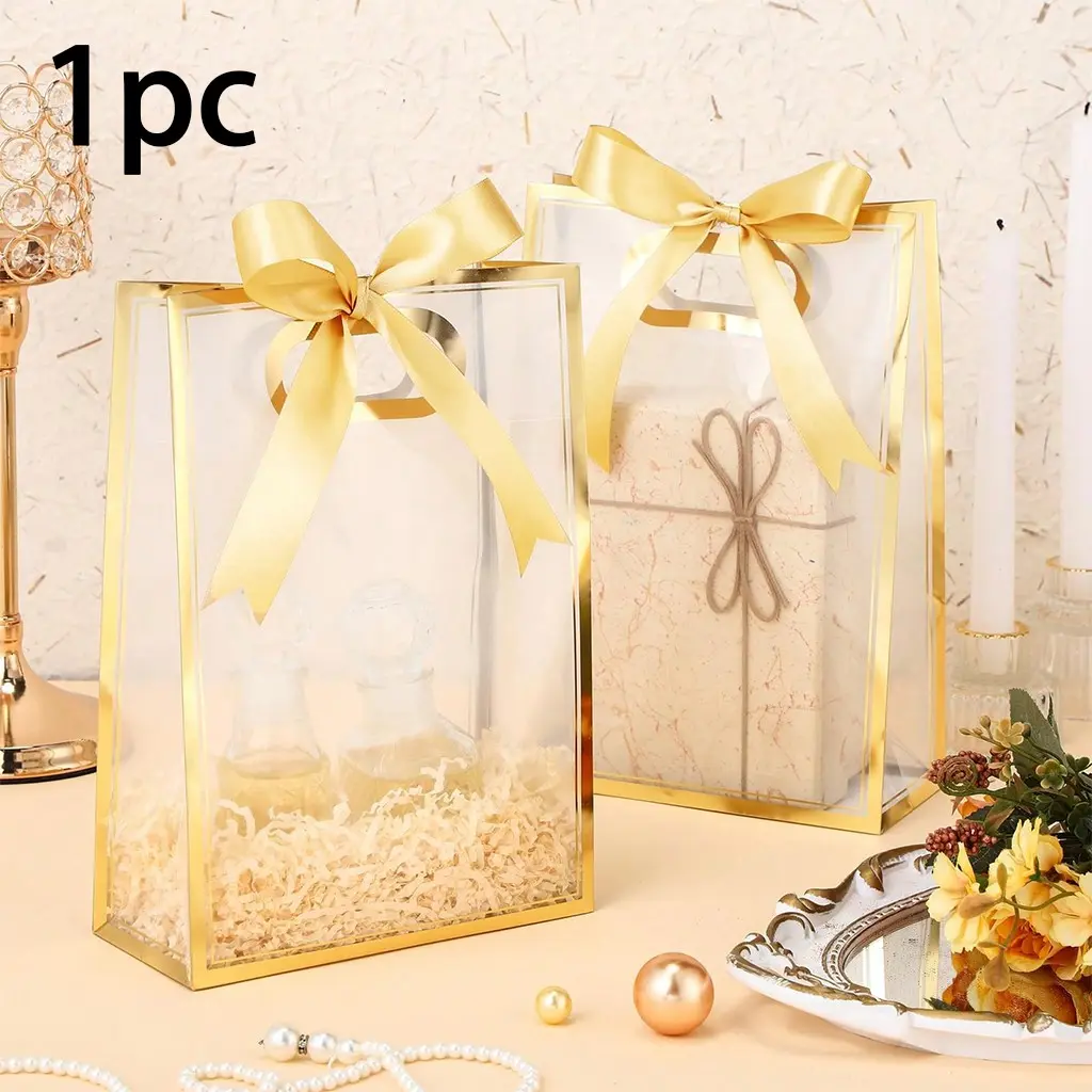High-Quality Transparent PVC Gift Bag, Elegant Ribbon Bow, Waterproof Tote Bag, Reusable for Weddings, Birthdays, Holidays