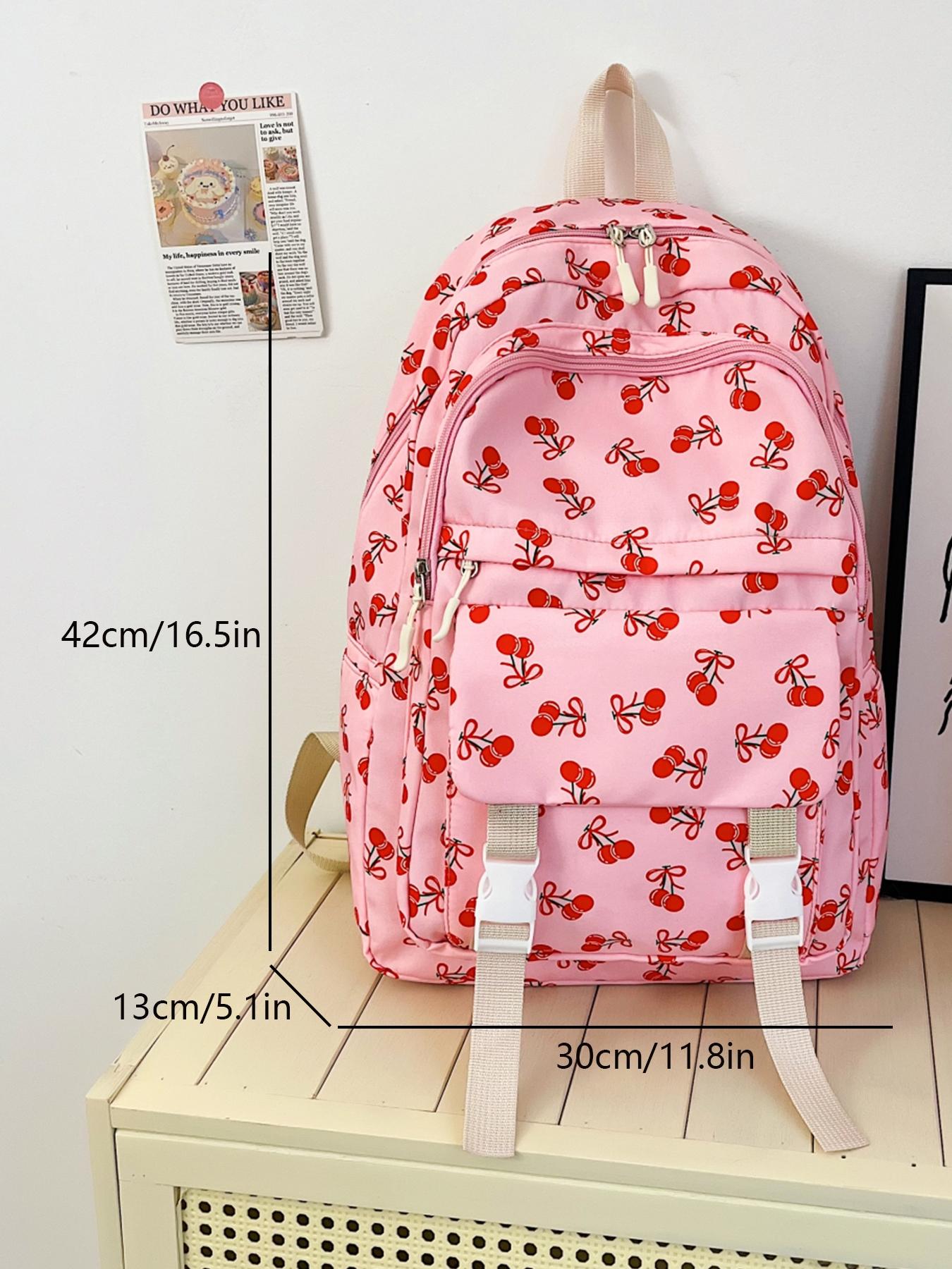 4pc  women's backpack solid color backpack cherry print fashionable and versatile casual trend suitable for students to go to school, campus, travel, shopping, multi-purpose women's backpack Stylish Casual Daypack
