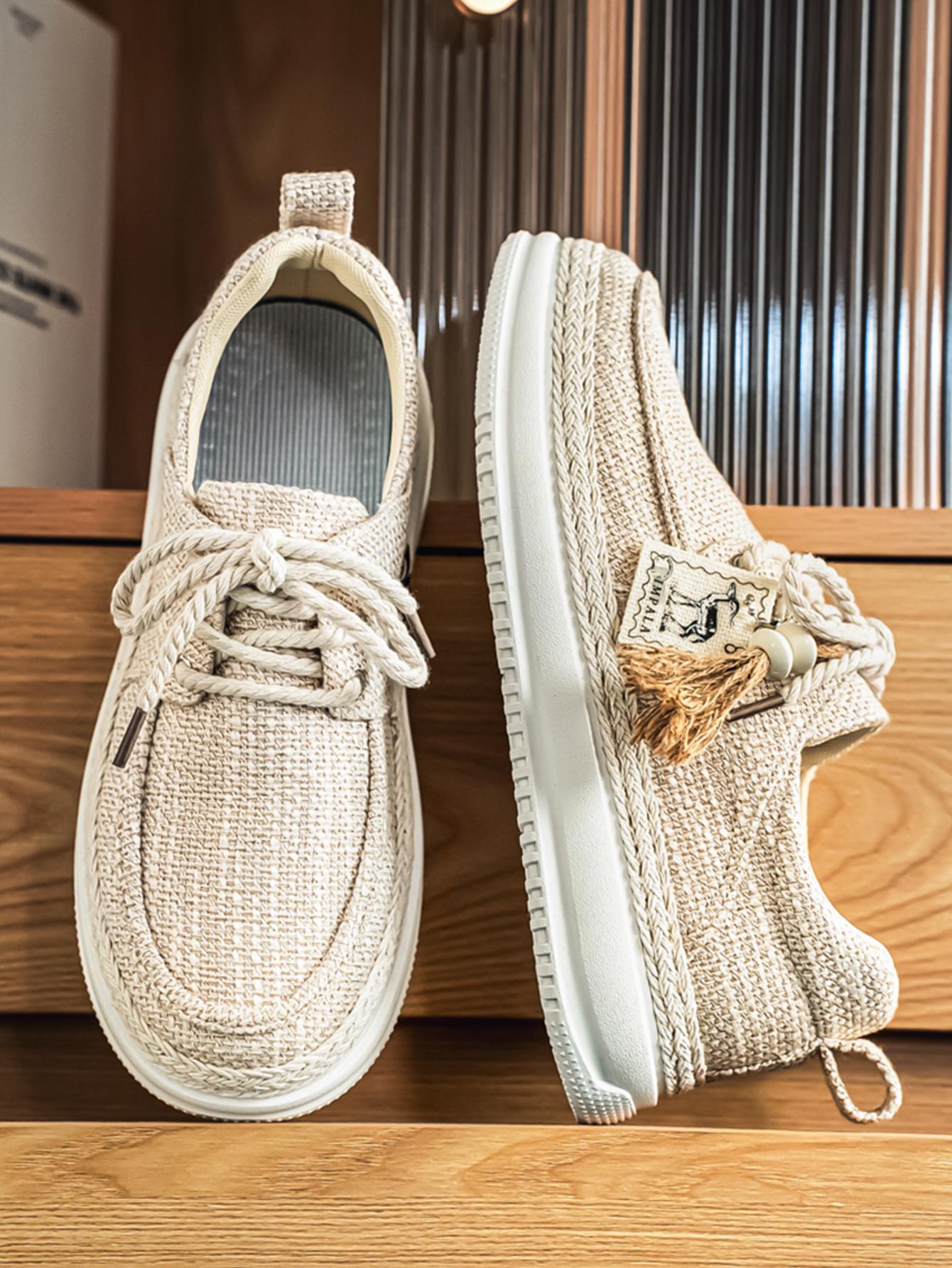 New Summer Men's Cotton Linen Shoes, Breathable Non-Stuffy, Straw Trim Fringe Design, Casual Retro Style, Perfect for Daily Wear