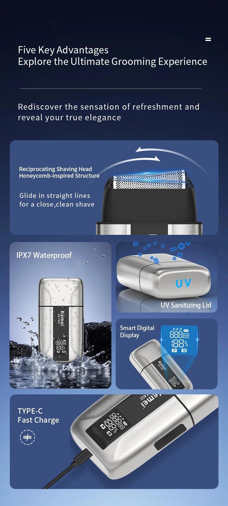 Kemei T402 UV-Disinfecting Metal Double-Foil Shavers for Men Facial Professional Barber Reciprocating Razor Bald Head Shaving Machine Durable