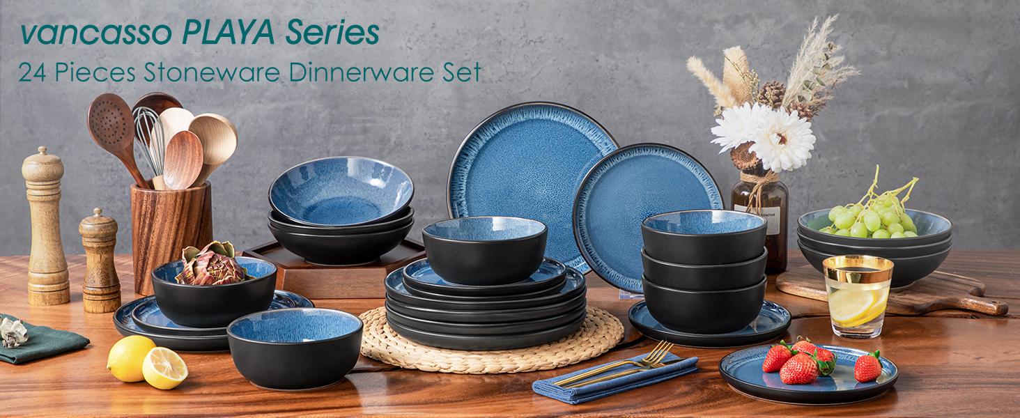 vancasso PLA Plates and Bowls Sets, 16/18/24 Pieces Stoneware Dinnerware Sets Dishes Set Modern kitchen Dishware Sets Service for 4-6 People, Dishwasher and Microwave Safe, Blue, Black, Green Set