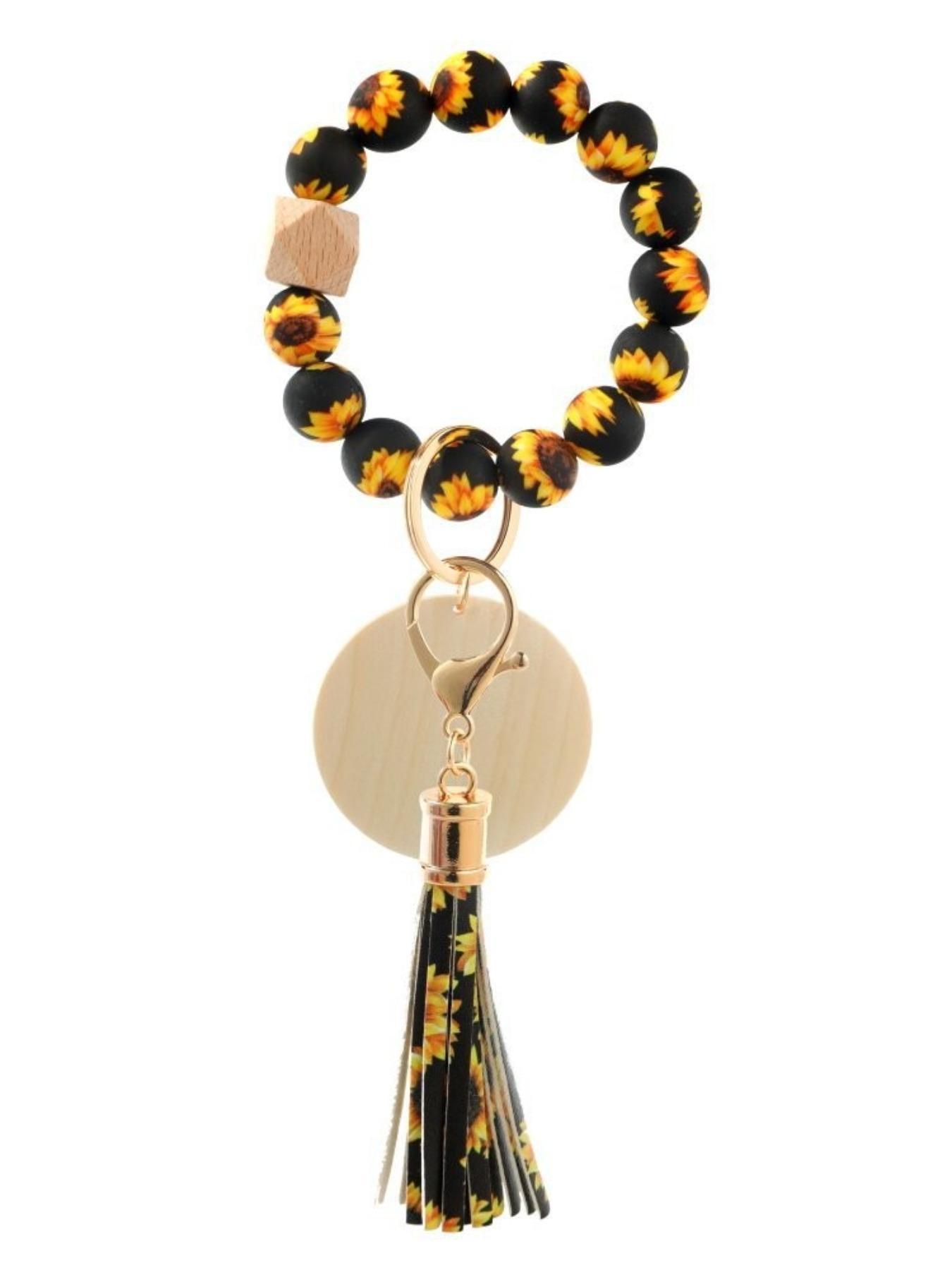 Women's Leopard Print Silicone Bead Wood Bead Tassel Bracelet Keychain, Printed Silicone Bead Wood Slice Wrist Keychain Logo Wooden Plate