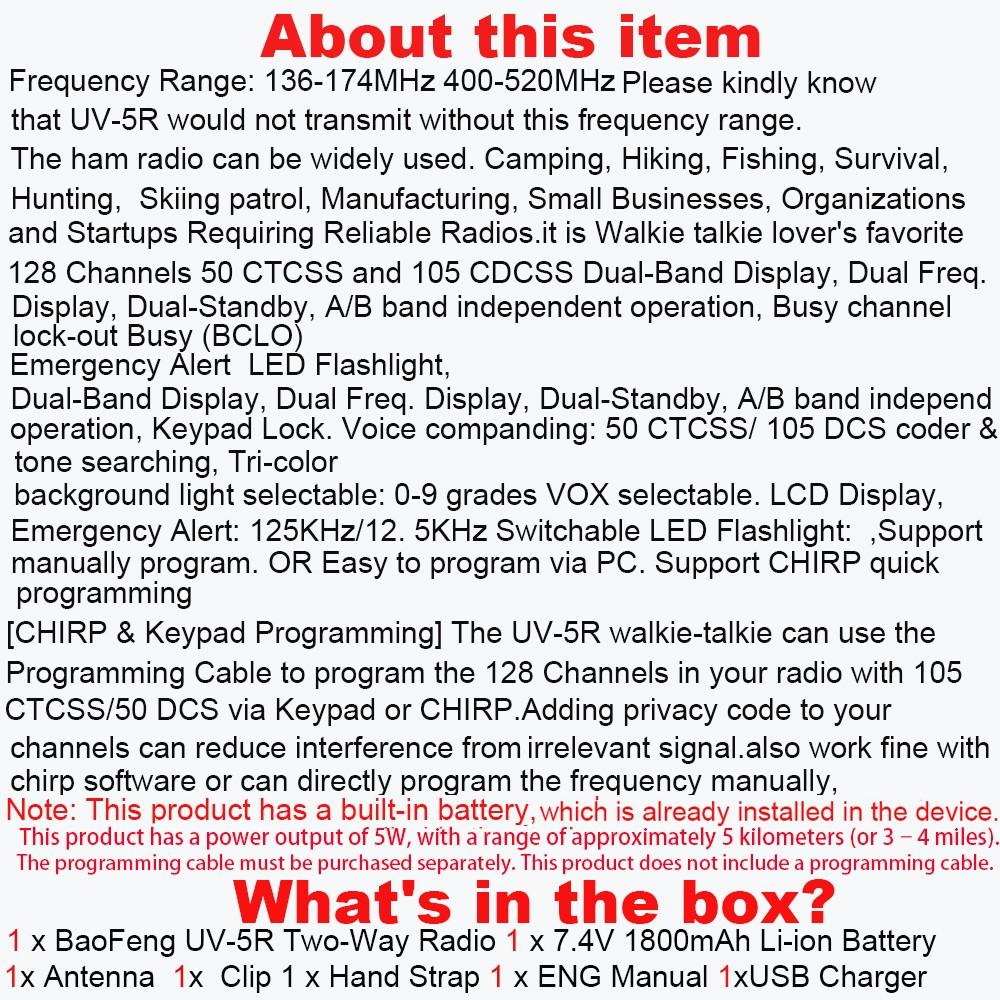 1Pack Baofeng 5W UV-5R Radio Ham Radio Handheld UV5R Long Range Dual Band 1800mAh USB Rechargeable Power Two Way Radio Walkie Talkies with 1800mAh Li-ion Battery for Outdoor sports Hunting Camping Survival Gea Supports CHIRP 1Pack Baofeng 5W UV-5R Radio Ham Radio Handheld UV5R Long Range Dual Band 1800mAh USB Rechargeable Power Two Way Radio Walkie Talkies with 1800mAh Li-ion Battery for Outdoor sports Hunting Camping Survival Gea Supports CHIRP