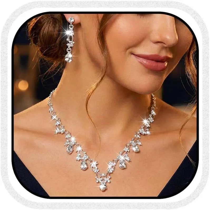 Rhinestone  Set Bridal Wedding Necklace Earrings Sets Prom Formal Costume  for Women and Brides