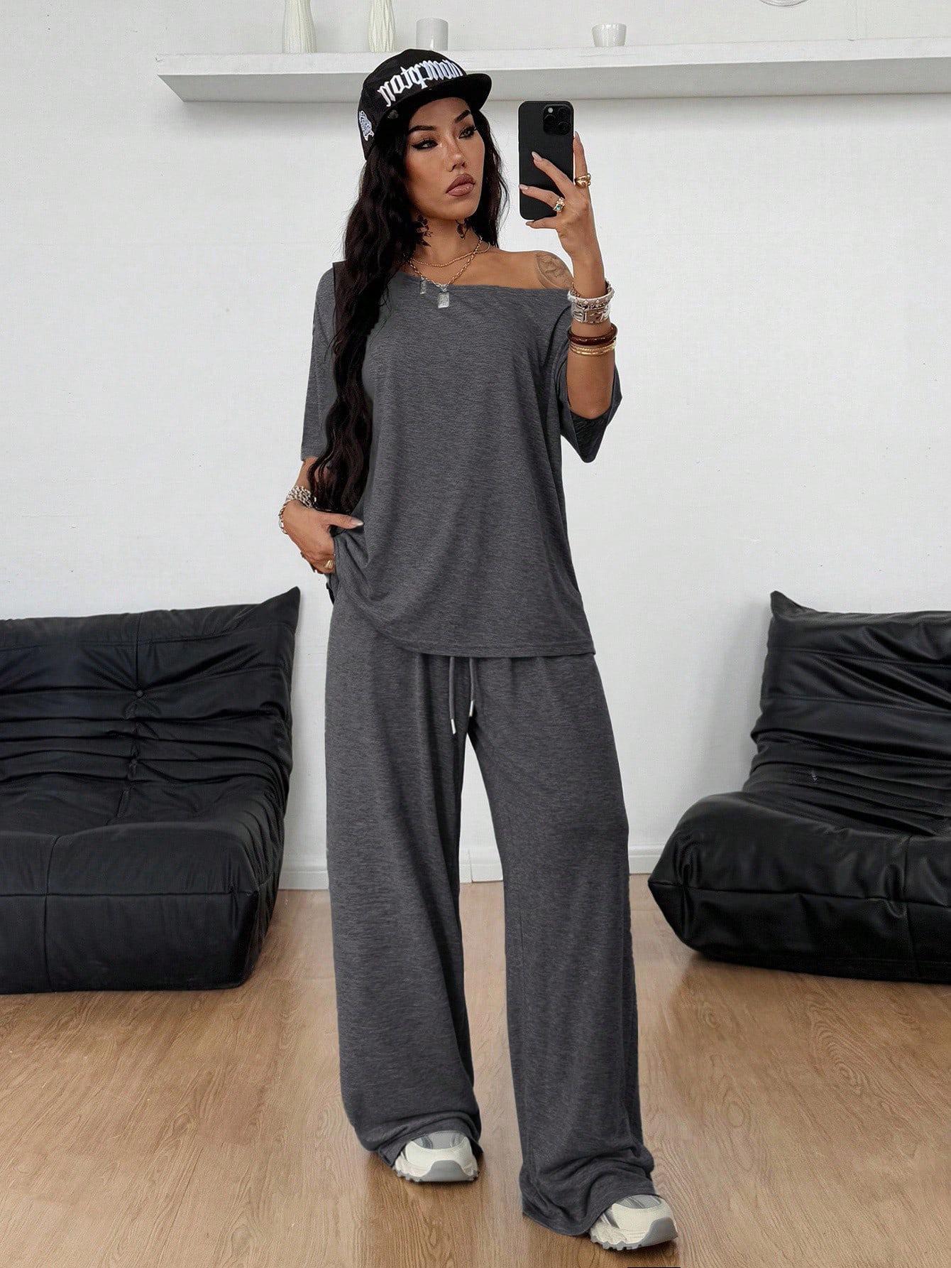 Women Off-Shoulder 2 Piece Set, Oversized Top and Wide Leg Elastic Drawstring Pants