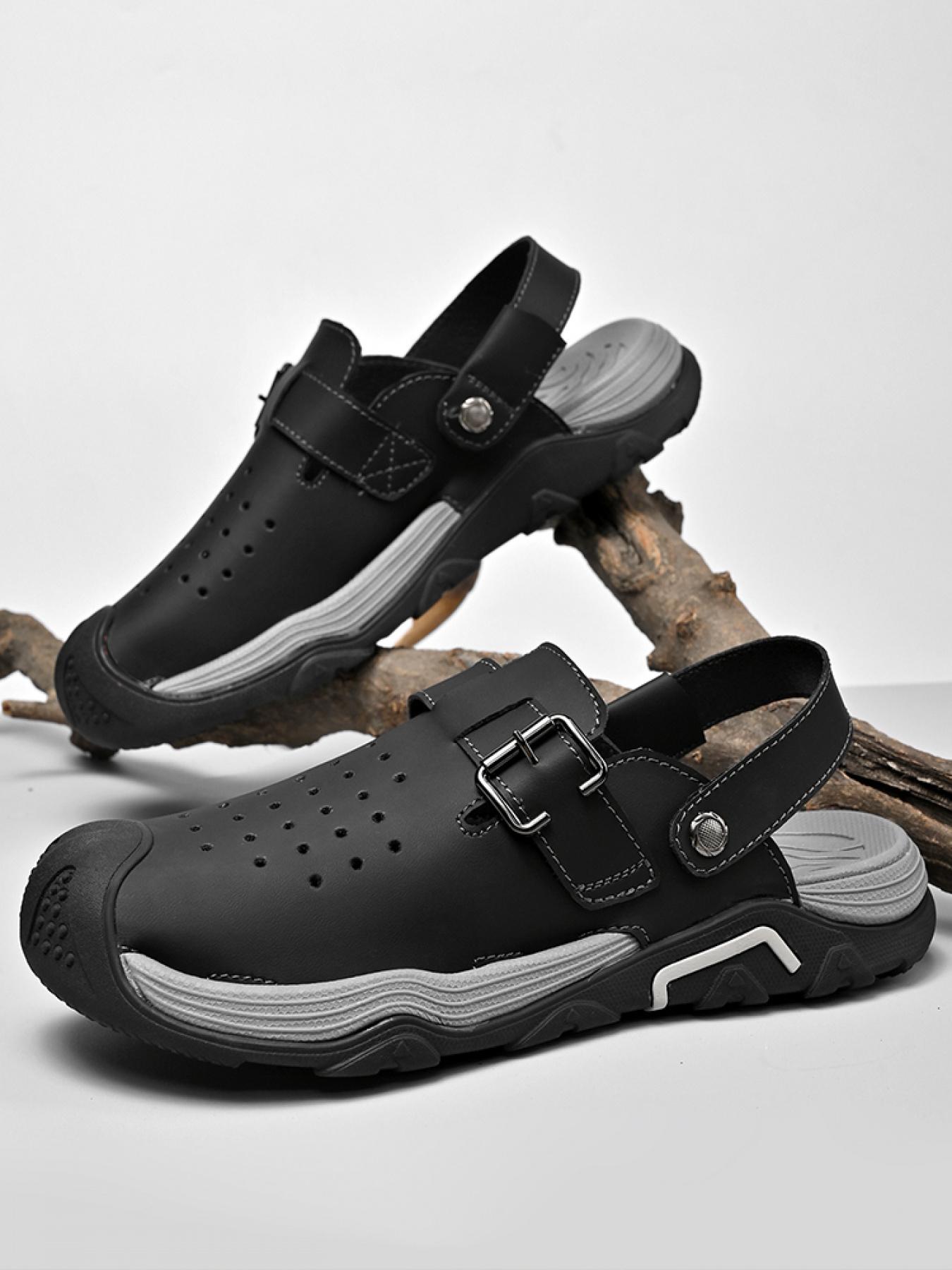 Men's Solid Color Dual-Wear Closed-Toe Perforated Sandals, Adjustable Velcro Non-Slip Beach Shoes, Breathable Outdoor Water-Slippers