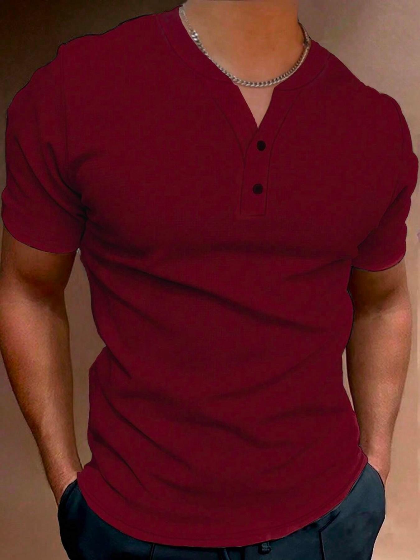 Men's Plaid Knit V-Neck Short Sleeve Top, Casual Button Summer Daily Wear T-Shirt, Comfortable and Stylish Men's Clothing