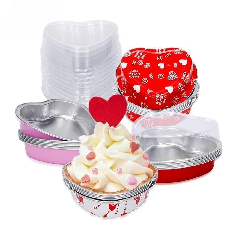50 Pcs 3.4 oz Heart-Shaped Mini Cakes Desserts Molds with Lids and Featuring a Heart Pattern, Baking cups, Muffin Tins, Cake Cups Suitable for Parties, Weddings and Birthdays