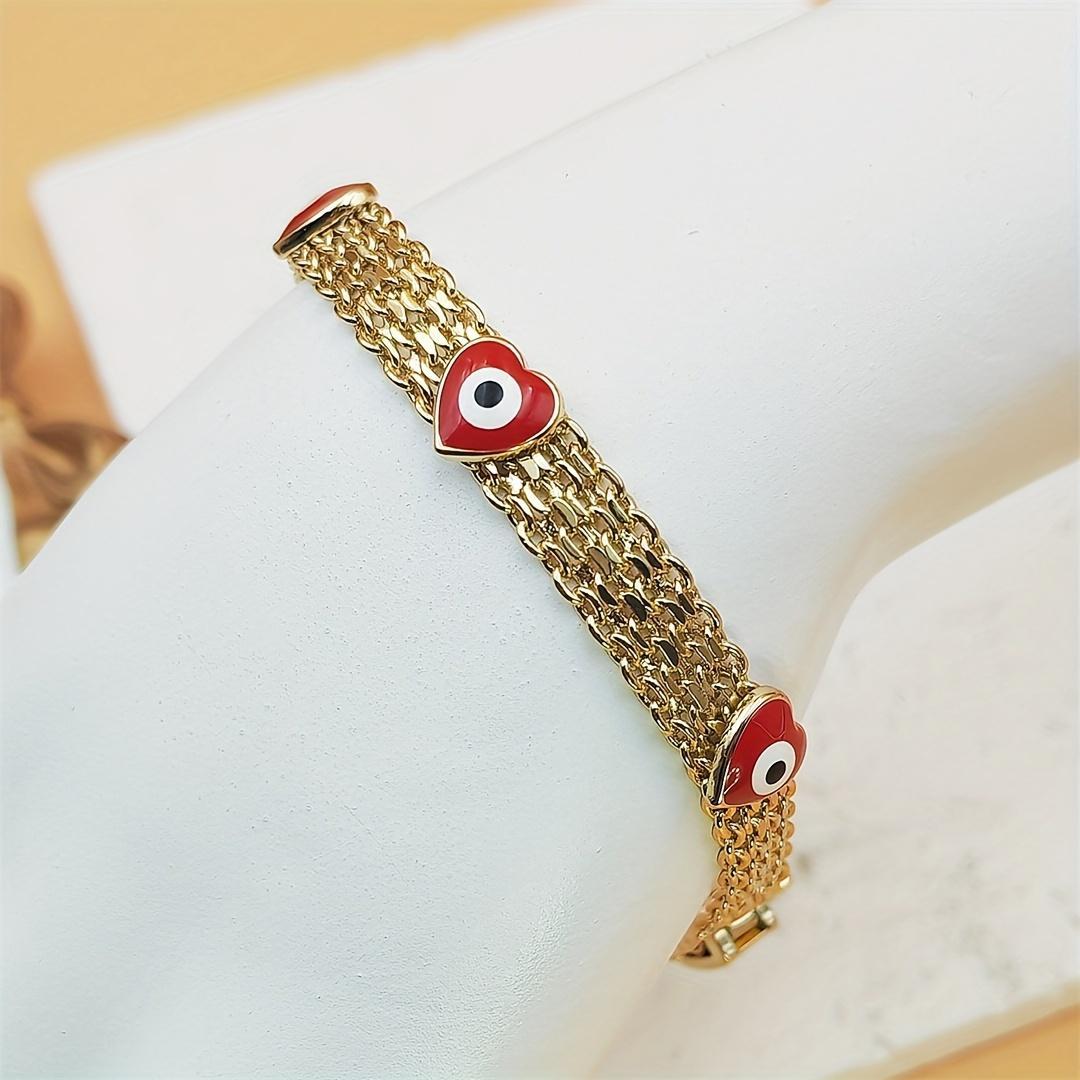 Women's Exquisite Trendy Boho Evil Eye Layered Bracelet - Gold-Tone Copper with Red Beads & Plastic Accents, Adjustable Size, Stainless Steel, Layered Look, Trendy Festival Gift, Bohemian Fashion Accessory Sets