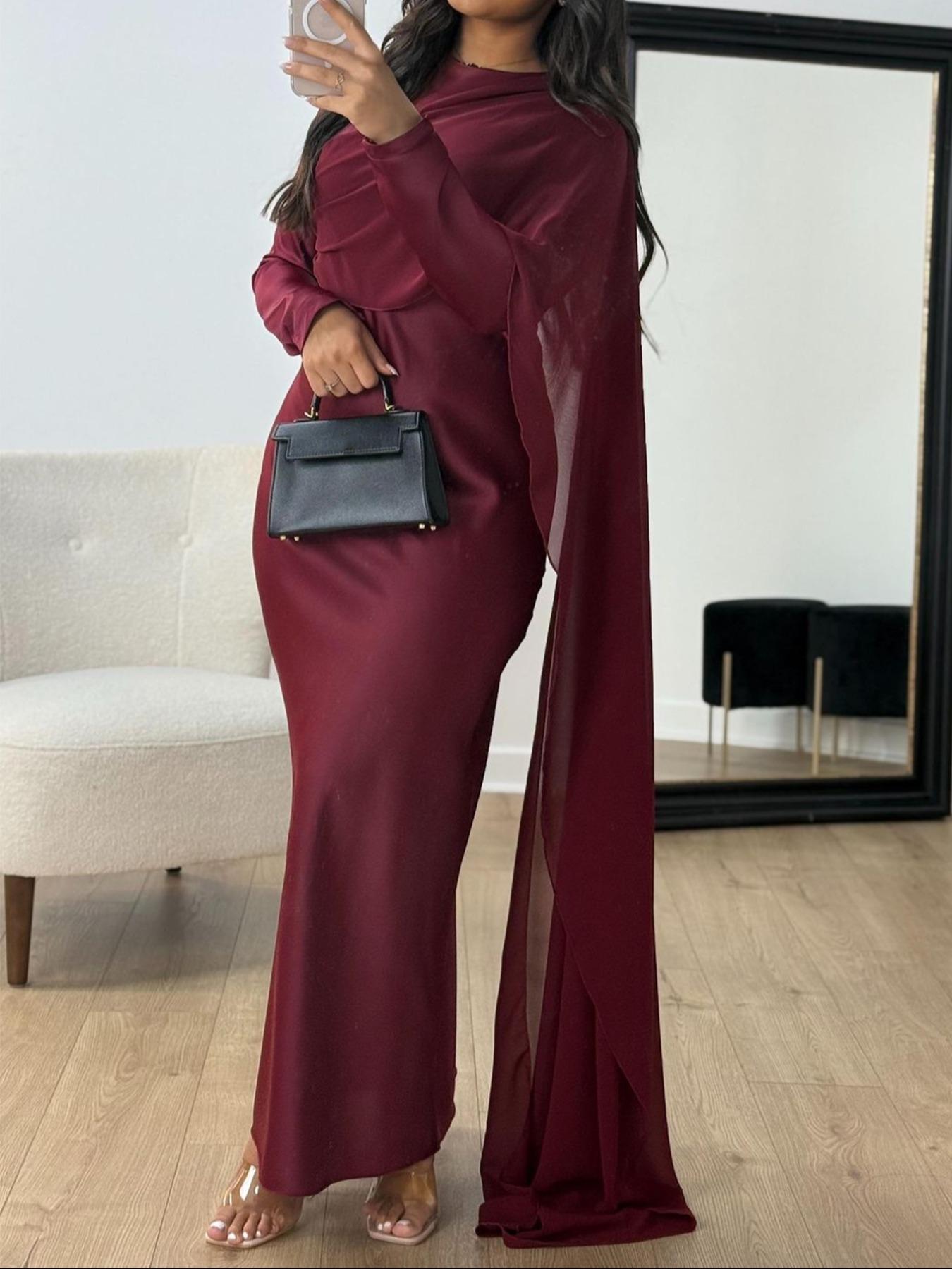 Pure Color Elegant Fashion One-Shoulder Cape Long Sleeve Dress, Fitted Style, Plain Pattern, Long Dress Length, Women's Clothing, Formal Wear