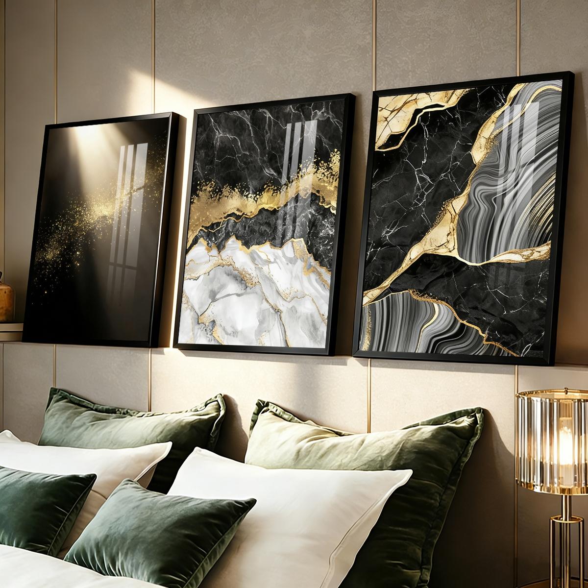 3 Counts Aluminum Alloy Framed Painting, Abstract Black Gold Marble Texture Pictures, Home Decoration For Living Room, Bedroom, Office, Restaurant, Hallway Wall Decor, Odorless Print Artwork, Luxury Perfect Gift For Friends And Family