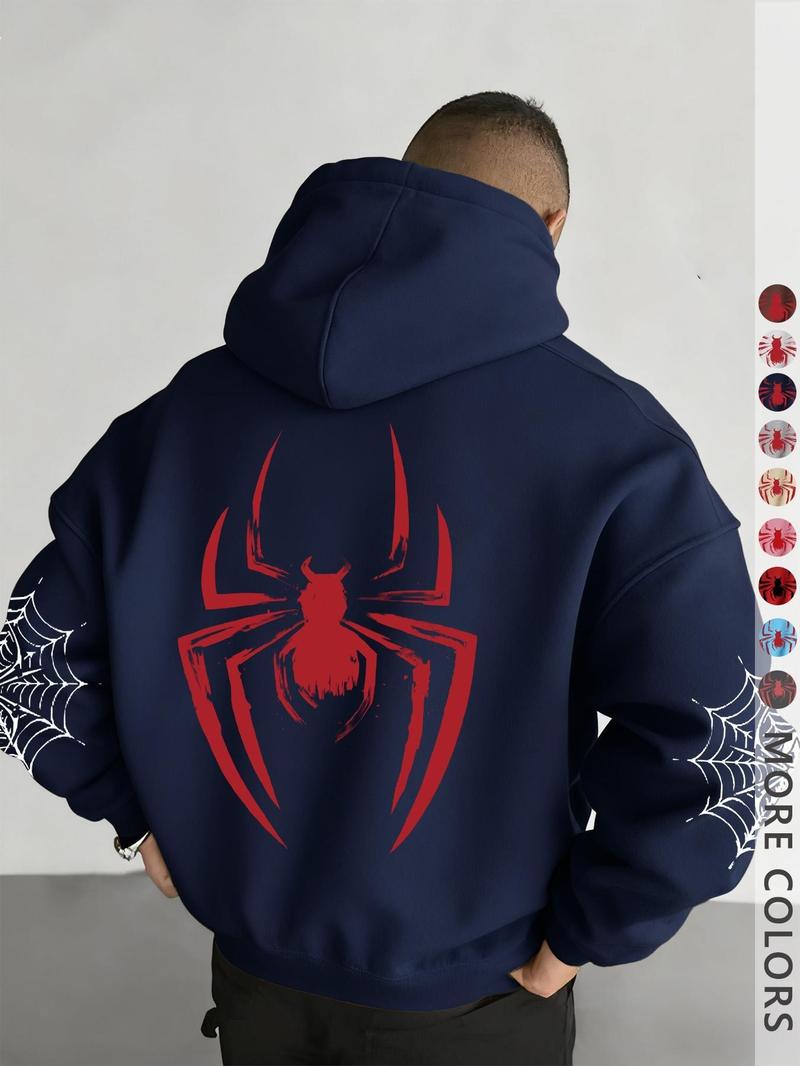 Unisex design, autumn and winter street style hooded sweatshirt with a spider pattern print, featuring cord fasteners and kangaroo pocket design. Perfect for everyday outings; comfortable fabric; stylish for the streets, versatile, trendy, suitable for ca