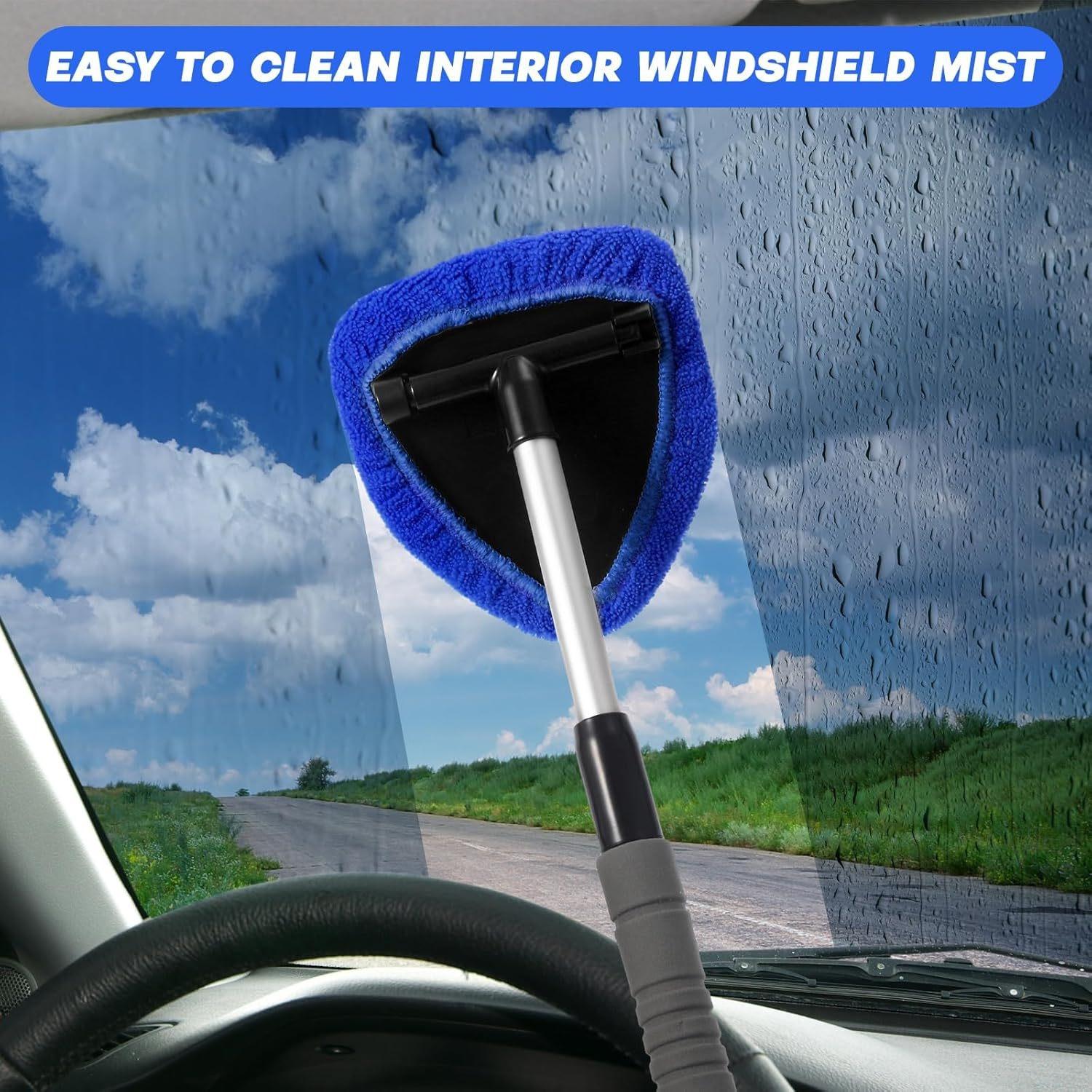 Windshield Cleaner Tool, Microfiber Car Window Cleaning Tool with Extendable Handle & 2 Cloth Pad Head, Auto Interior Exterior Glass Wiper Car Glass Cleaner Kit, Car Detailing Accessories