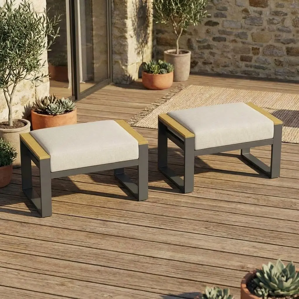 GARVEE Patio Outdoor Aluminum Ottoman, Fully Assembled Footstool with Cushion, Small Side Table & Footrest for Balcony, Garden, Deck, Backyard, Beige