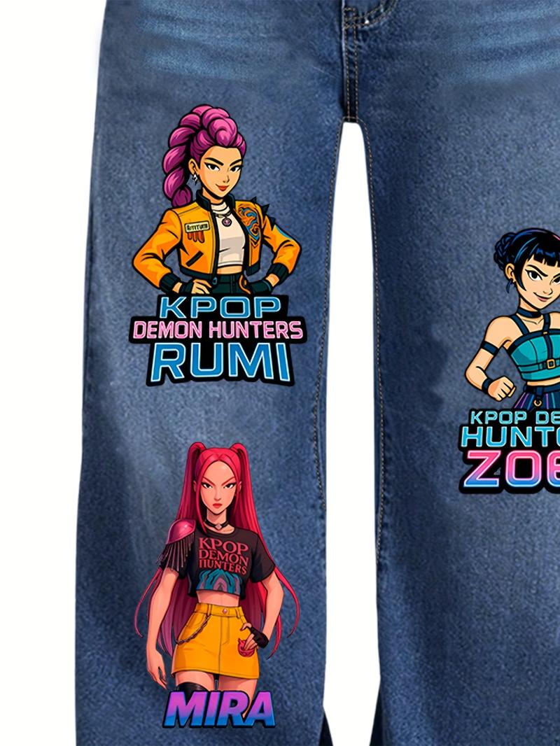 ‘Hunters Girl’ Printed Denim Jeans for Girls, Cute Portrait Graphic Jeans, Trendy Streetwear for Ages 8-12, Perfect for Young Fashionistas