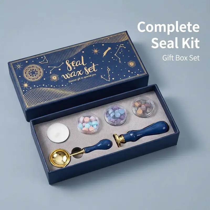 Wax Seal Stamp Kit with Gift Box, 1 Set Including Wax Seal Bead, Wax Spoon, Stamp and Candle, Wax Seal Stamp for Gift Wrapping, Wedding Invitation, Cards Envelope, Letter Label Decorated, Crafts