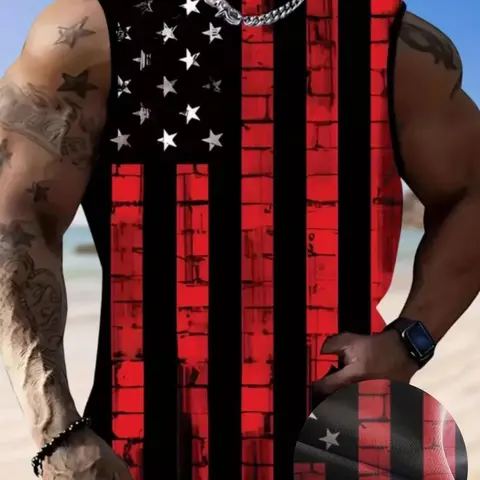 Men's American Flag 3D Digital Print Breathable Sleeveless Vest, Casual Sports Vests Summer Fitness Vest, Fitted All over Print, Sleeveless Sports Tops, Fitness Sports Tank