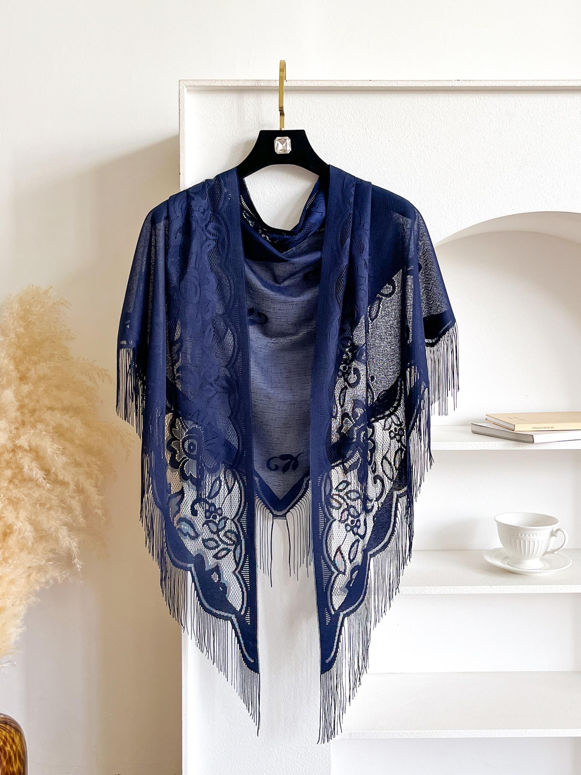 Women's Floral Lace Shawl Wrap, Elegant Sheer Scarf with Fringe Trim, Lightweight Casual Soft Accessory for Daily Wear, Casual Soft Shawl, Floral Print Shawl