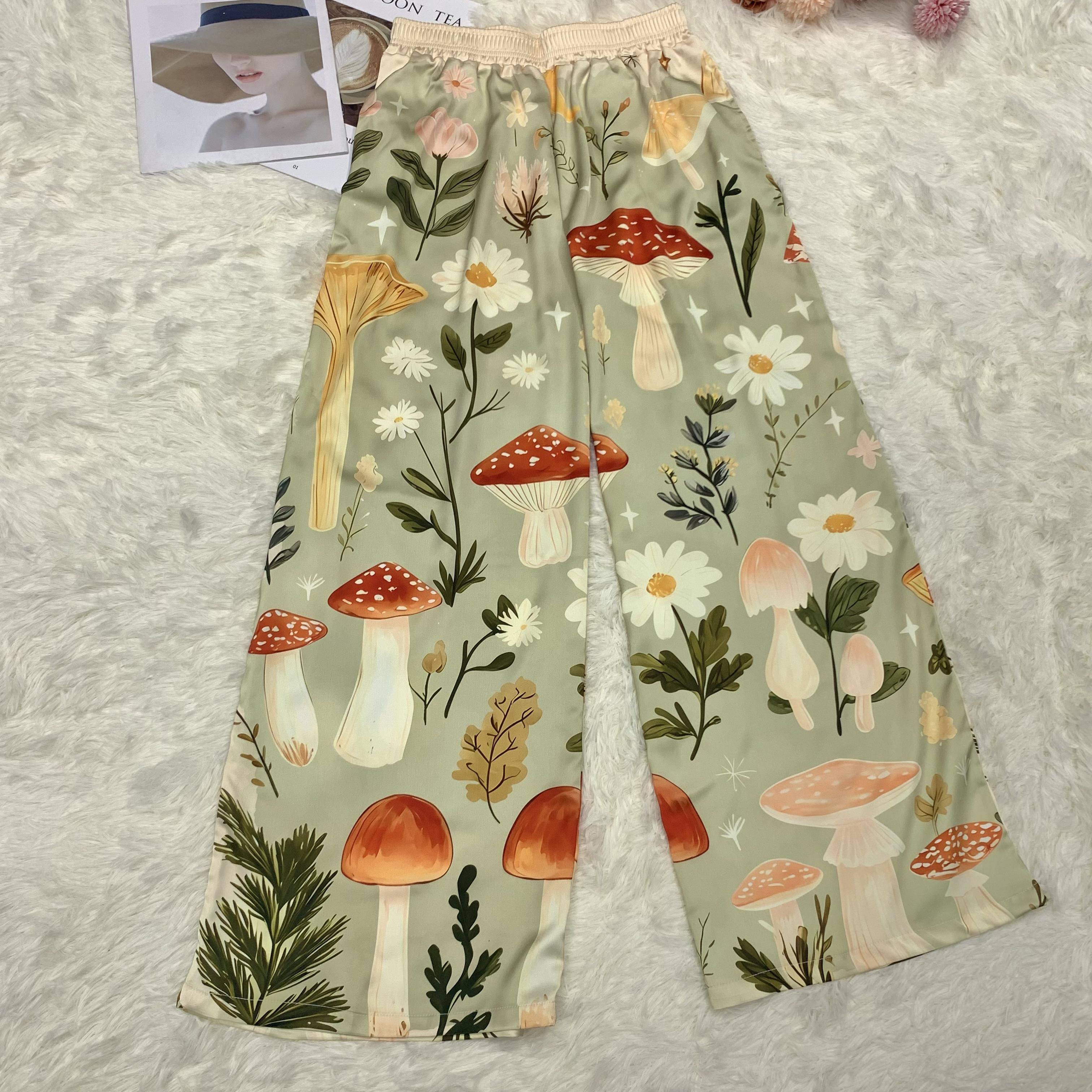 Women's New Autumn Pastoral Mushroom & Daisy Print Satin Wide-Leg Pants, Comfortable Elastic Waistband, Flowy Pants Outfit for Home or Outdoor Wear