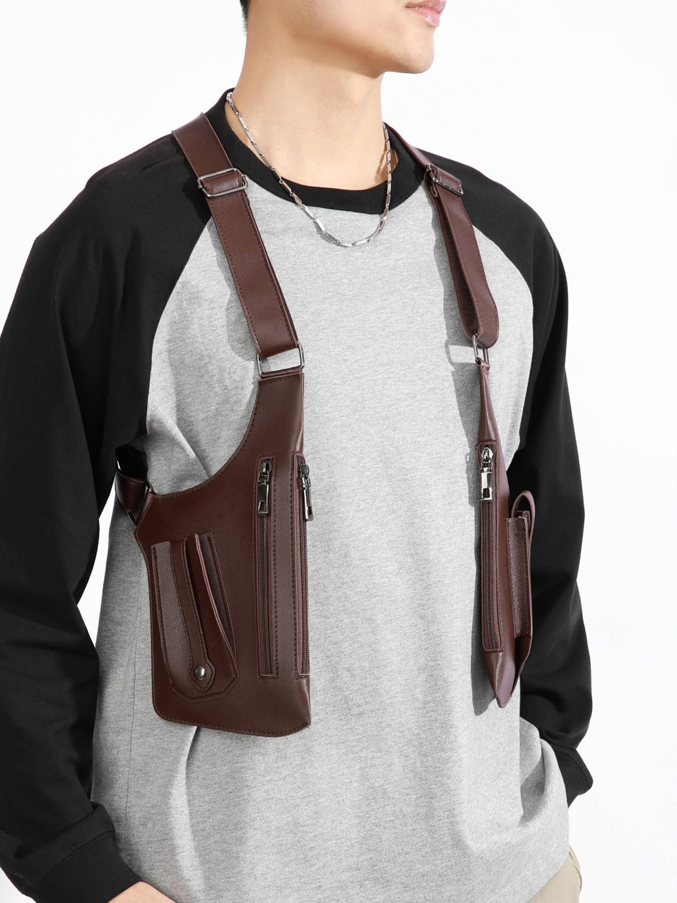 1pc Tactical style PU leather shoulder bag for men, multi pocket adjustable shoulder strap functional shoulder bag, cyberpunk style workwear armpit bag, trendy and cool outfit with vest bag