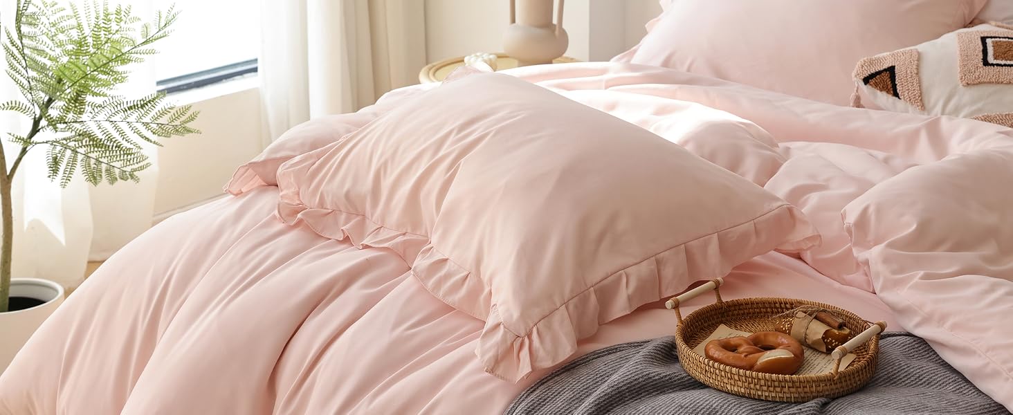 Blush Pink Comforter Set King – Soft Microfiber, Lightweight All Season Bedding, Ruffle, Breathable Set with 2 Pillow Shams, Machine Washable