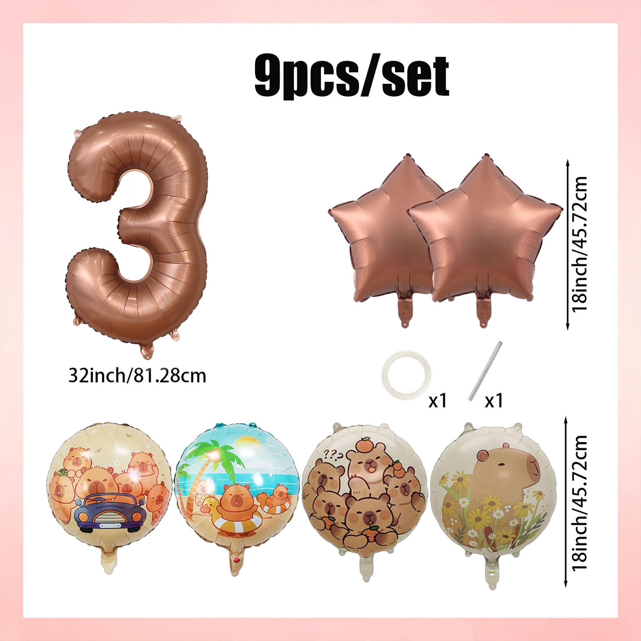 9-Piece Capybara Birthday Balloon Set, 32-Inch Chocolate Number, Shiny Star Aluminum Balloons, Party Decor, Kids Photo Props, Home Wall Decoration, Birthday Party Decorations