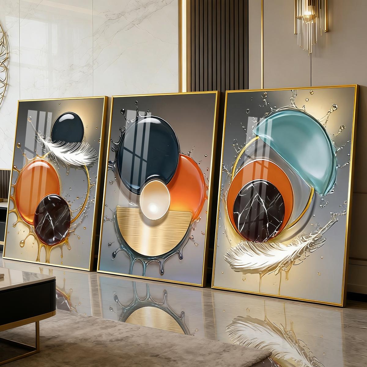 3 Counts Aluminum Alloy Framed Painting, Abstract Color Liquid Splash And Feather Art, Home Decoration For Living Room, Bedroom, Office, Restaurant, Hallway Wall Decor, Odorless Print Artwork, Luxury Perfect Gift For Friends And Family