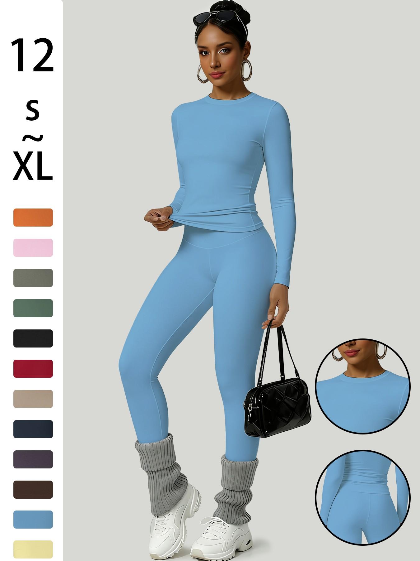 Women's Simple Solid Color Sportswear Set, Comfortable T-Shirt & Slimming Leggings, Perfect for Fall Winter Yoga & Daily Wear, Athleisure Wear Set, Yoga Gym Outfits