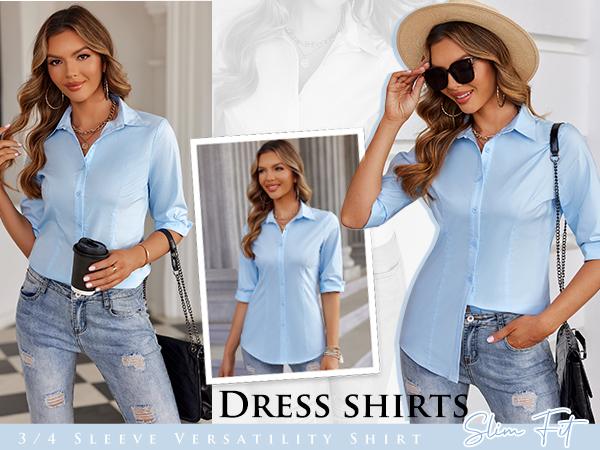 Women's Basic Button Down Shirts 3/4 Sleeve Stretch Button Up Dress Shirt Slim Fit Waitress Work Shirts Summertok citygirl Top Blouse Women's Basic Button Down Shirts 3/4 Sleeve Stretch Button Up Dress Shirt Slim Fit Waitress Work Shirts Summertok citygirl Top Blouse