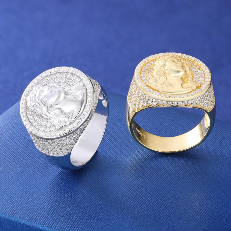 【#R426 】UCCIYO 18K Gold-Plated Round Jesus Ring with Lab-Grown Moissanite S925 Sterling Silver Moissanite Ring for Women Men Hip Hop Jewelry Gift