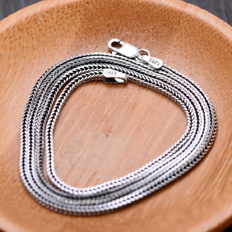 Pure S925 Sterling Silver Bright Classical Chopin Link Weave Fox Tail Pendant Chain Necklace 1.6mm Thick Men Woman Fine Jewelry