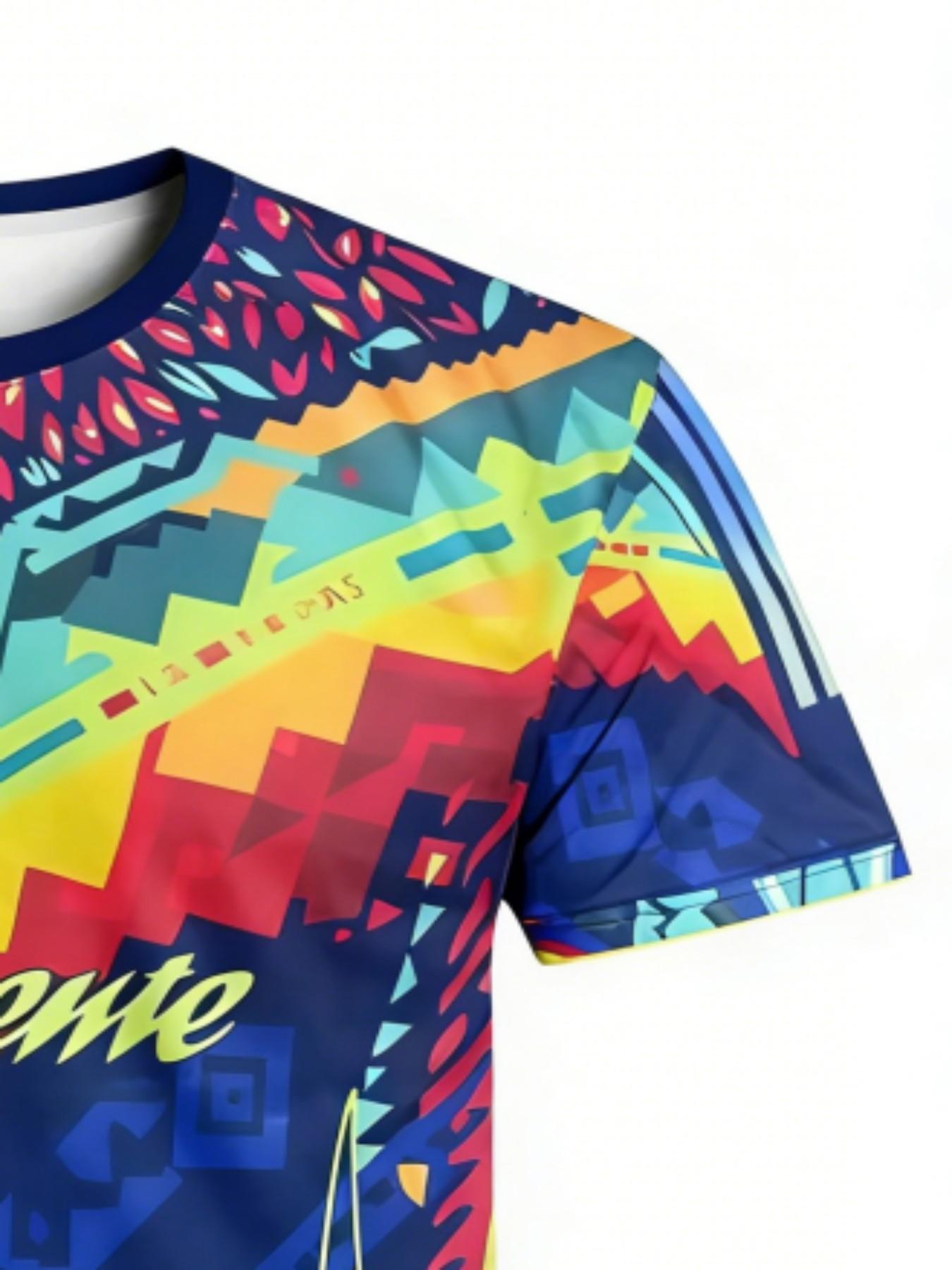 Men's Caliente Aztec Tribal Sport T-Shirt, Colorblock Street Style Round Neck Short Sleeve Top, Loose-Fit All-Season Clothing