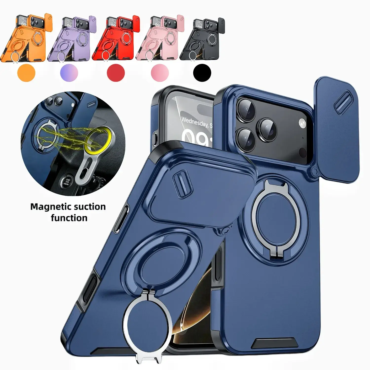 Magnetic Shockproof PC+TPU Cellphone Case - Military-Grade Protection Phone Accessory with Sliding Lens Protector, 360° Rotatable Stand, Compatible with iPhone 18/17/16/15/14/13/12 Pro Max Series,Christmas
