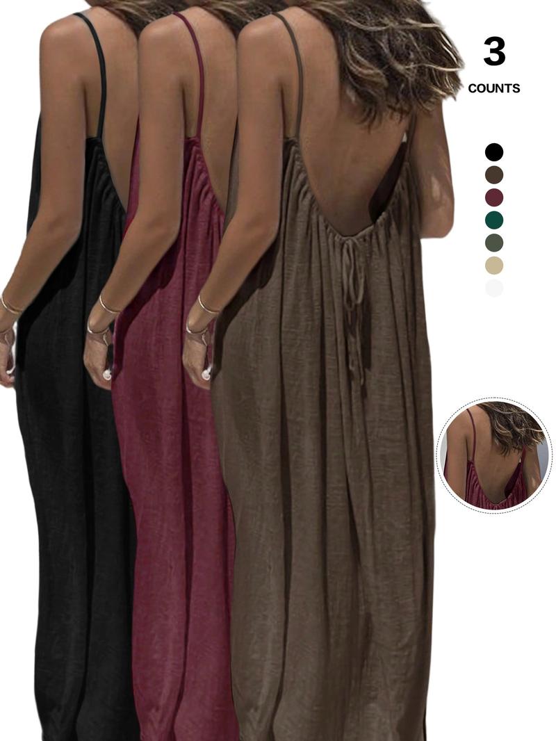 Women's Plain Backless Long Dress, Elegant Sleeveless Loose-Fitting Sleepwear, All Seasons Casual Wear