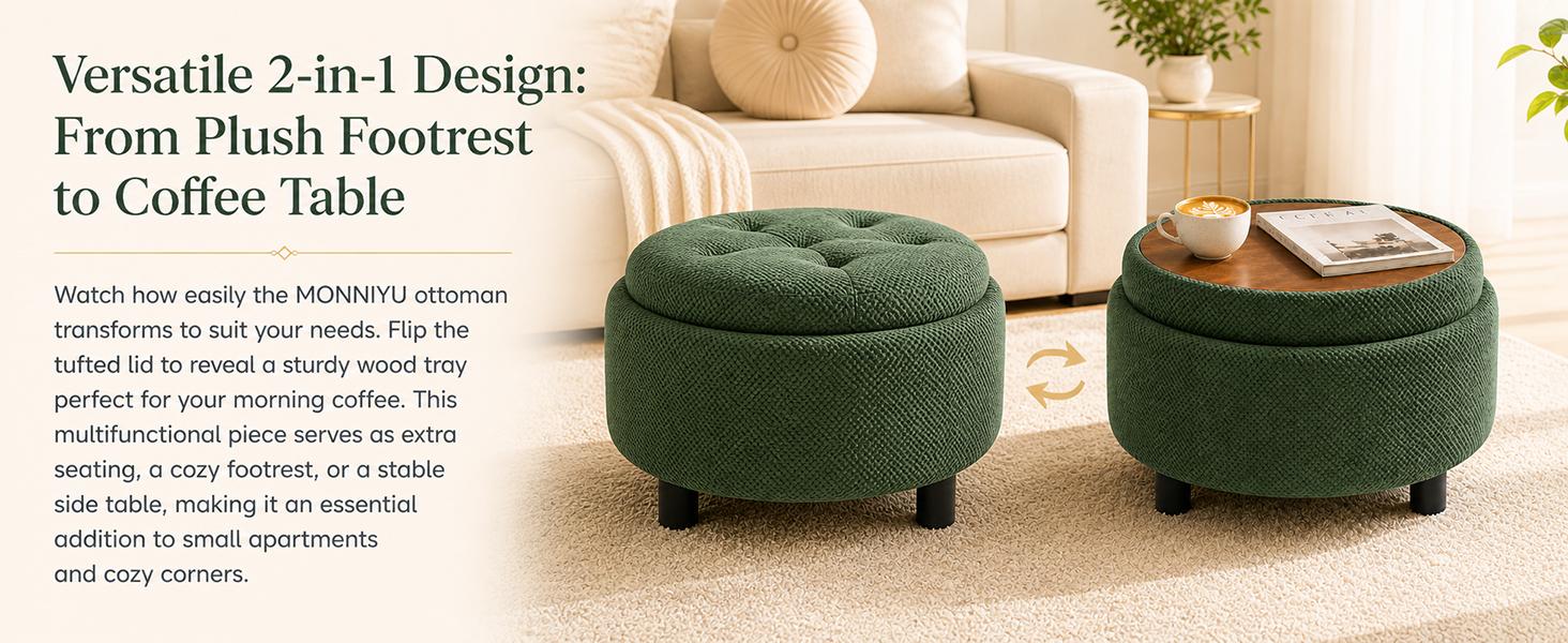 25" Round Fabric Tufted Storage Ottoman - Dark Brown, Reversible Wood Tray Top, Hidden Storage for Blankets & Pillows, Short, Modern, Fixed Arms, No Fire Safety Label, Assembly Required Footrest/Coffee/Side Table for Living Room Small Spaces