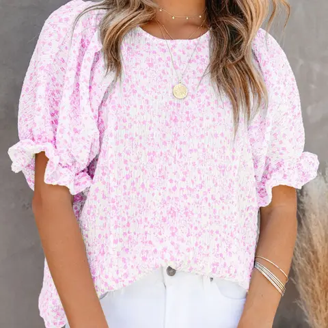 New Summer Women's Boho Floral Bubble Flounce Sleeve Round Neck Ruched Blouse Shirt, Elegant Chic Button Back Design, Versatile Casual Top for Office, Date, Vacation, Womenswear