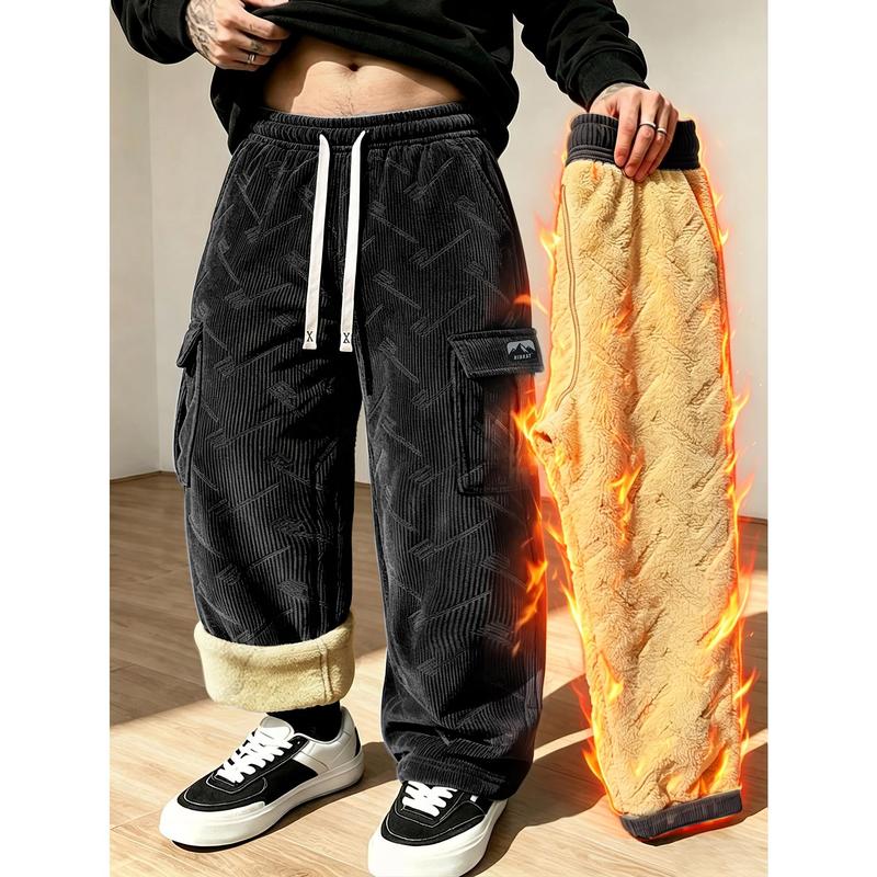 Men's Corduroy Menswear Wide-Leg Cargo Pants - Drawstring Waist, Lamb Fleece Lining, Street Style, Cozy Winter Indoor Wear (Sports & Outdoor Joggers)