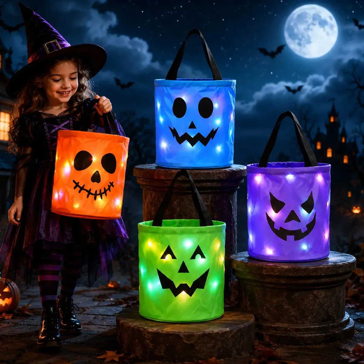 3/4 Halloween Candy Bucket with LED Lights Non Woven Gift Bags Trick or Treat Bags, Goodie Bag, Pumpkin Candy Bags Reusable Tote Bags for Kids Students Adults, Night Light Bags for Home Garden Lawn Decorations, Halloween Christmas Party Favor Supplies