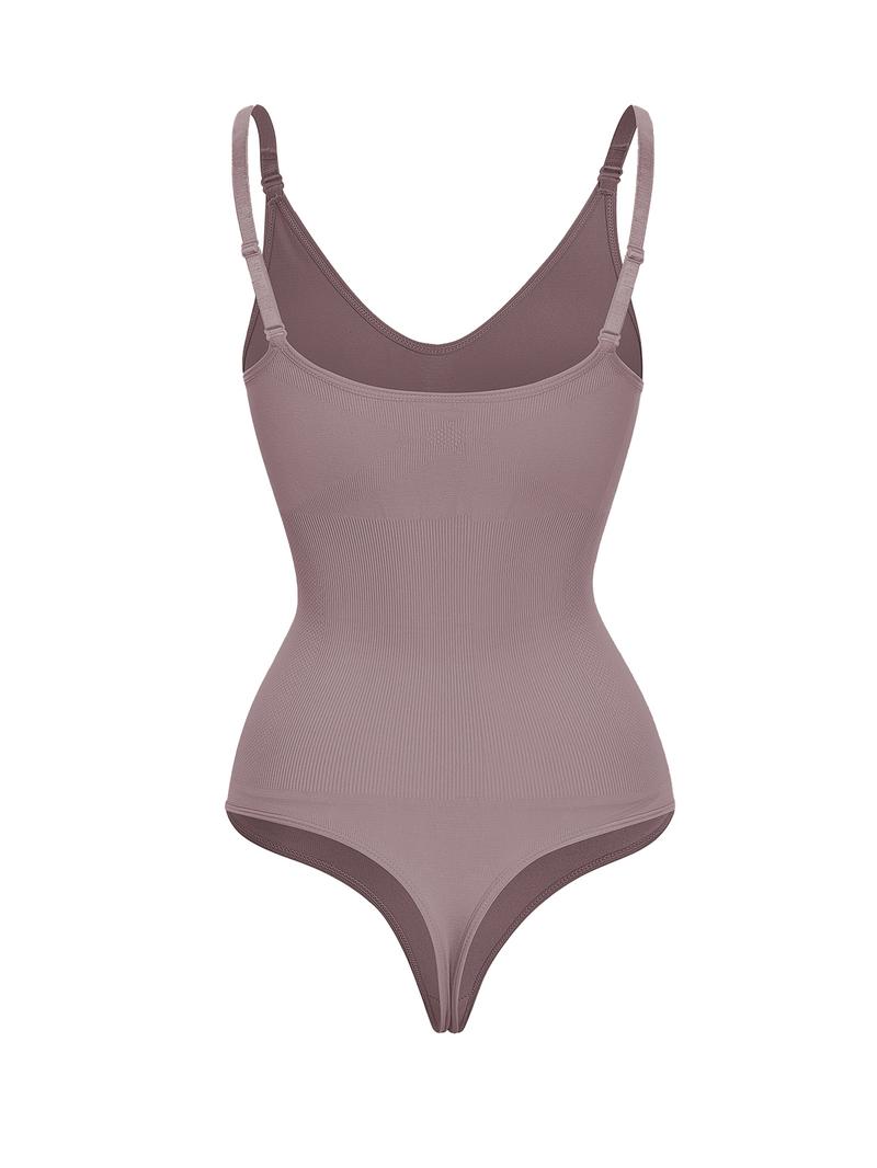 Women's Solid Backless V Neck Shapewear Bodysuit Curve Hugging Compression, Hook Eye Design Basic Minimalist Adjustable Strap Bodysuit, Ladies Shapewear for Daily Wear, Tummy Tuck Garment