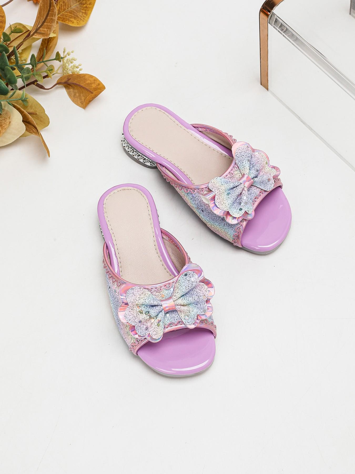 Girls' Pink/Blue Holographic Rainbow Glitter 3D Bow Decor Open Toe Soft Non-Slip Low Heel Mule Sandals | Dreamy Princess Style for Daily Wear / Performance / Banquet & Formal Occasions / Outing