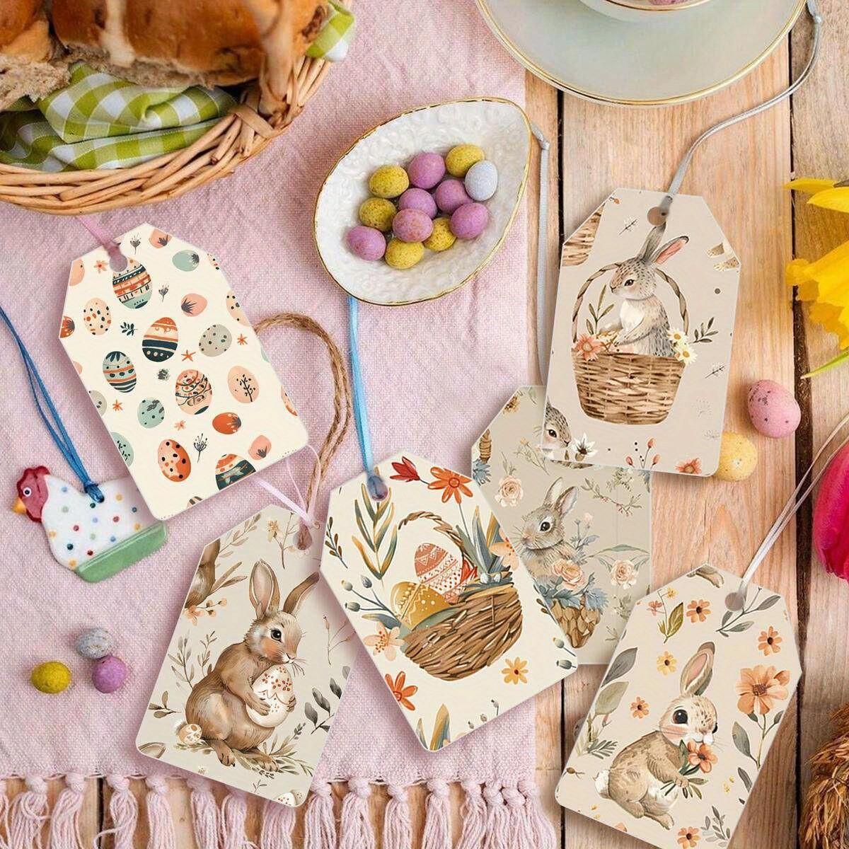 12pcs Watercolor Easter Gift Tags, Cute Bunny & Easter Egg Paper Hang Tags, Spring Gift Wrap Labels, Easter Party Favors