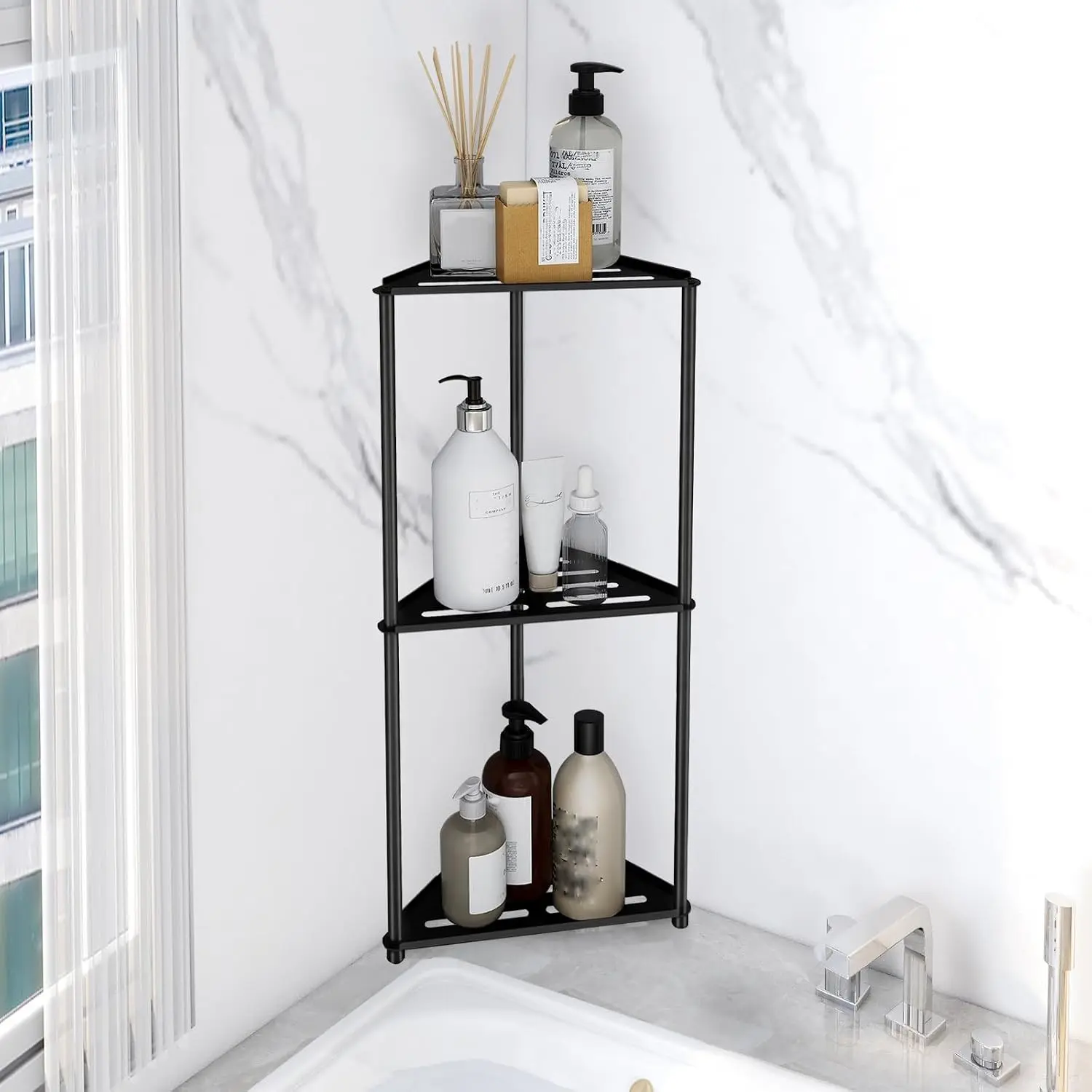 Standing Shower Caddy Corner, 3 Tier Stainless Steel Shower Organizer Stand, Rustproof Corner Shower Shelves, Corner Shower Caddy Bathroom Shower Stand, BlackGift