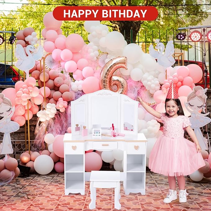 Princess Vanity Set for Kids - White Makeup Table with Mirror, Stool, and Wooden Play Makeup Accessories Princess Vanity Set for Kids - White Makeup Table with Mirror, Stool, and Wooden Play Makeup Accessories